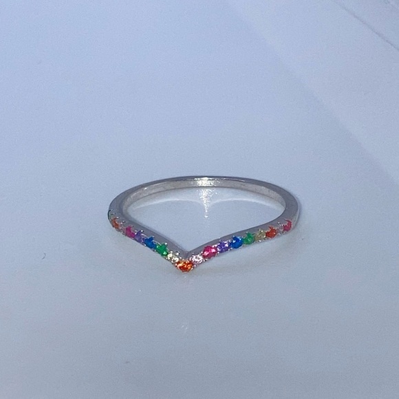 Vtg sterling rainbow multi gem stone chevron V ring sz 6.75 - Picture 7 of 15